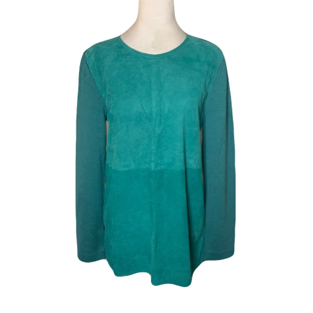 NEW St John Size 8 Teal Wool Genuine Suede Leather Blend Long Sleeve Luxury Top